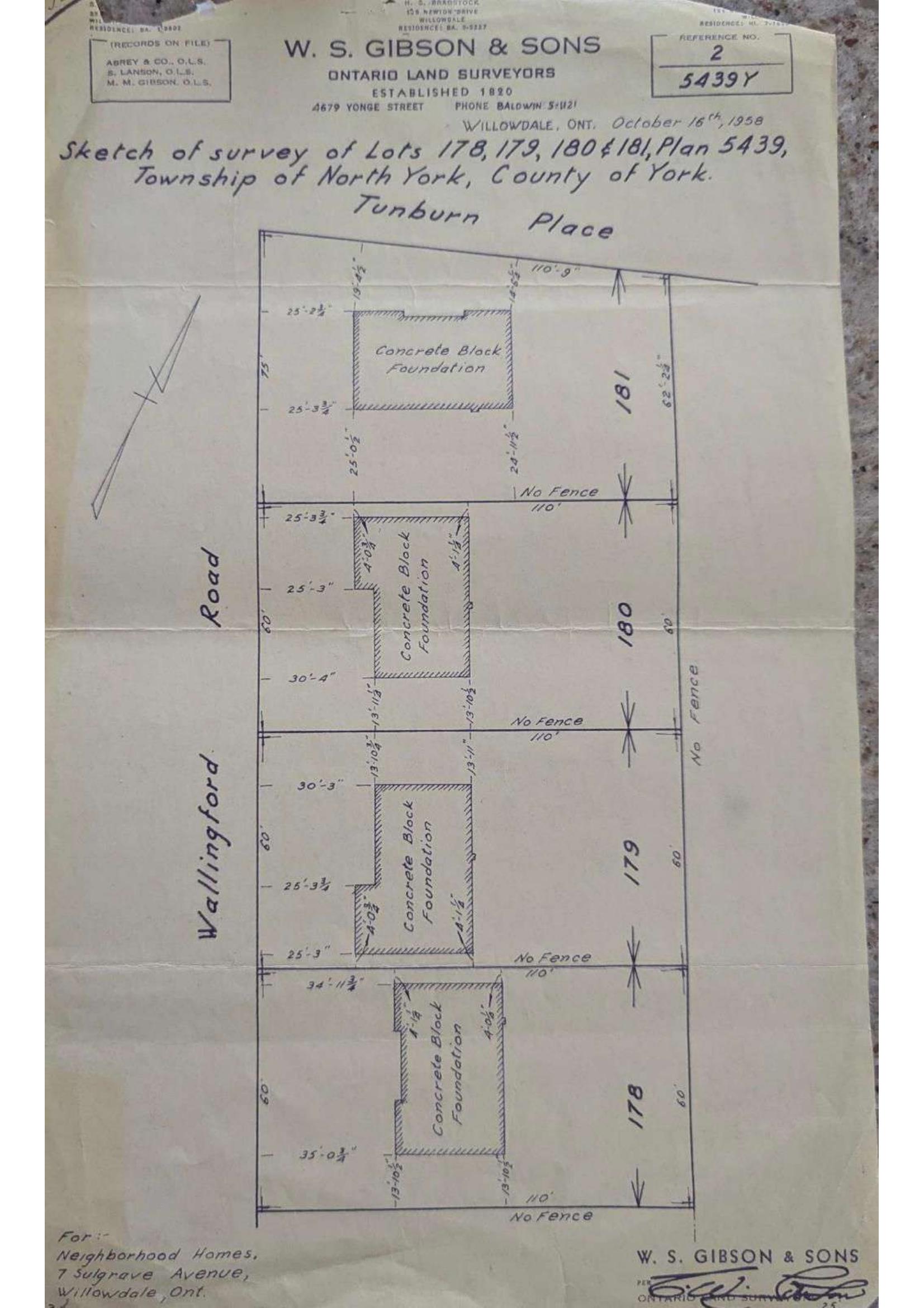 1958 Land Survey — Lots 178, 179, 180 & 181, Plan 5439, Tunburn Place